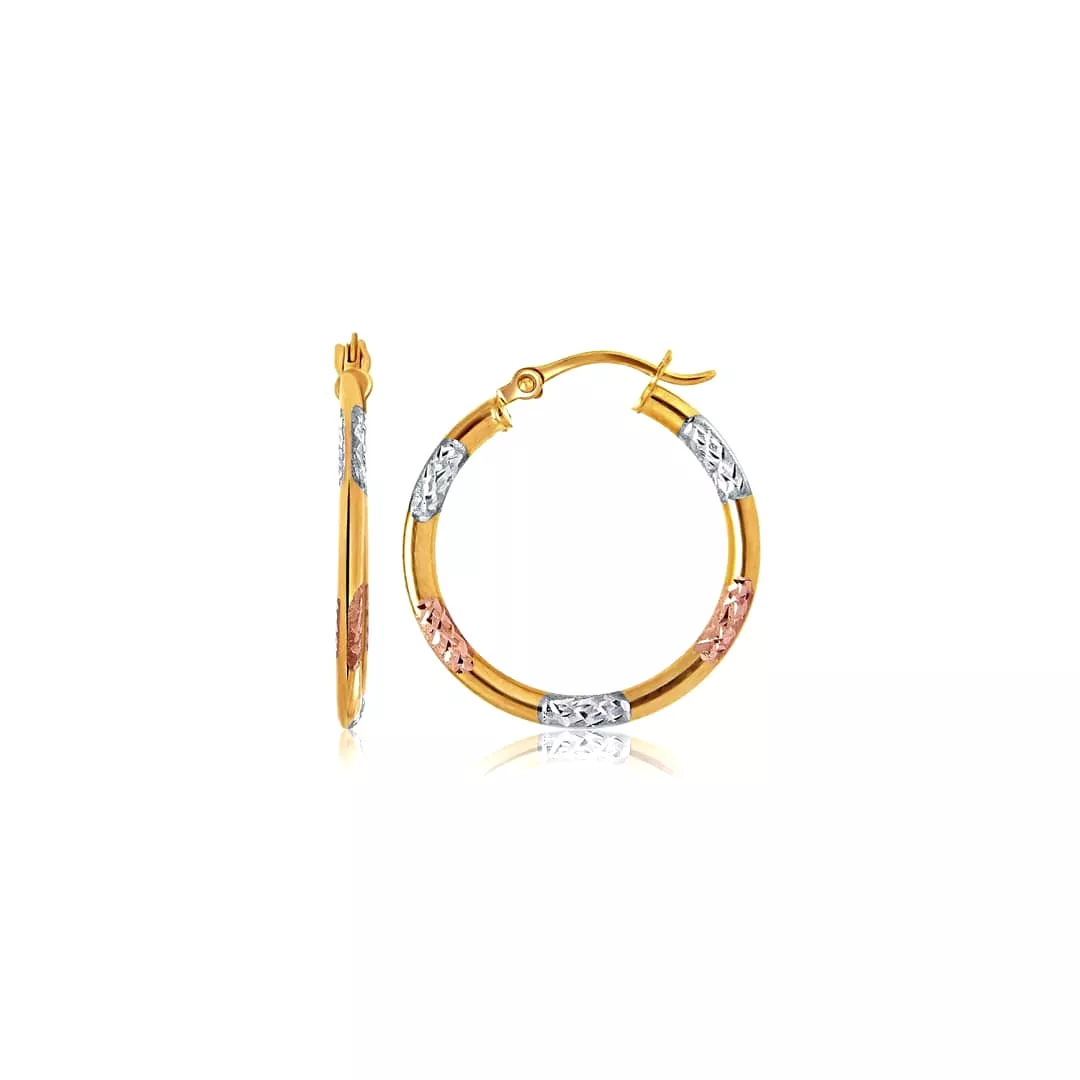 10k Tri-Color Gold Classic Hoop Earrings with Diamond Cut Details