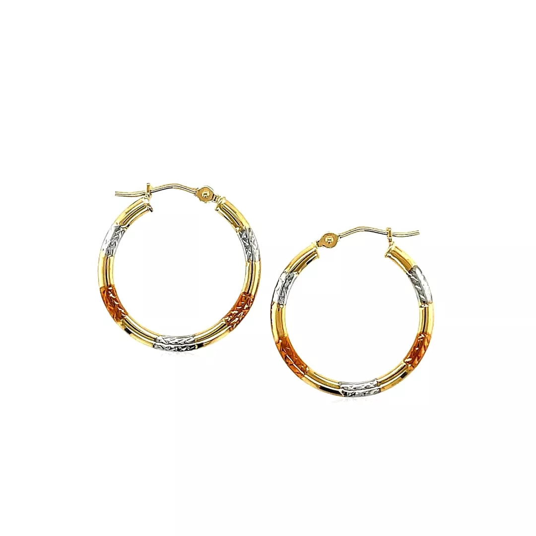 10k Tri-Color Gold Classic Hoop Earrings with Diamond Cut Details