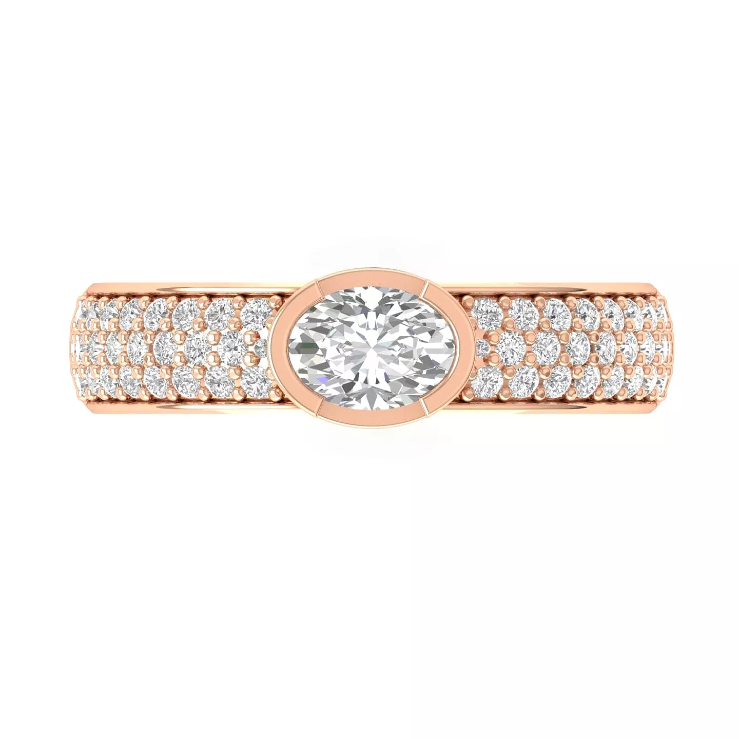 14K & 18K Gold East West Oval Diamond with Micro-Pave Diamond Ring, Lab Grown