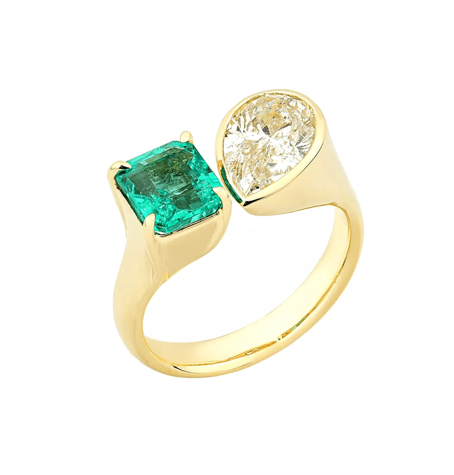 14K & 18K Gold Emerald and Pear Cut Diamond Ring, Lab Grown DIamond