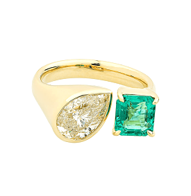 14K & 18K Gold Emerald and Pear Cut Diamond Ring, Lab Grown DIamond