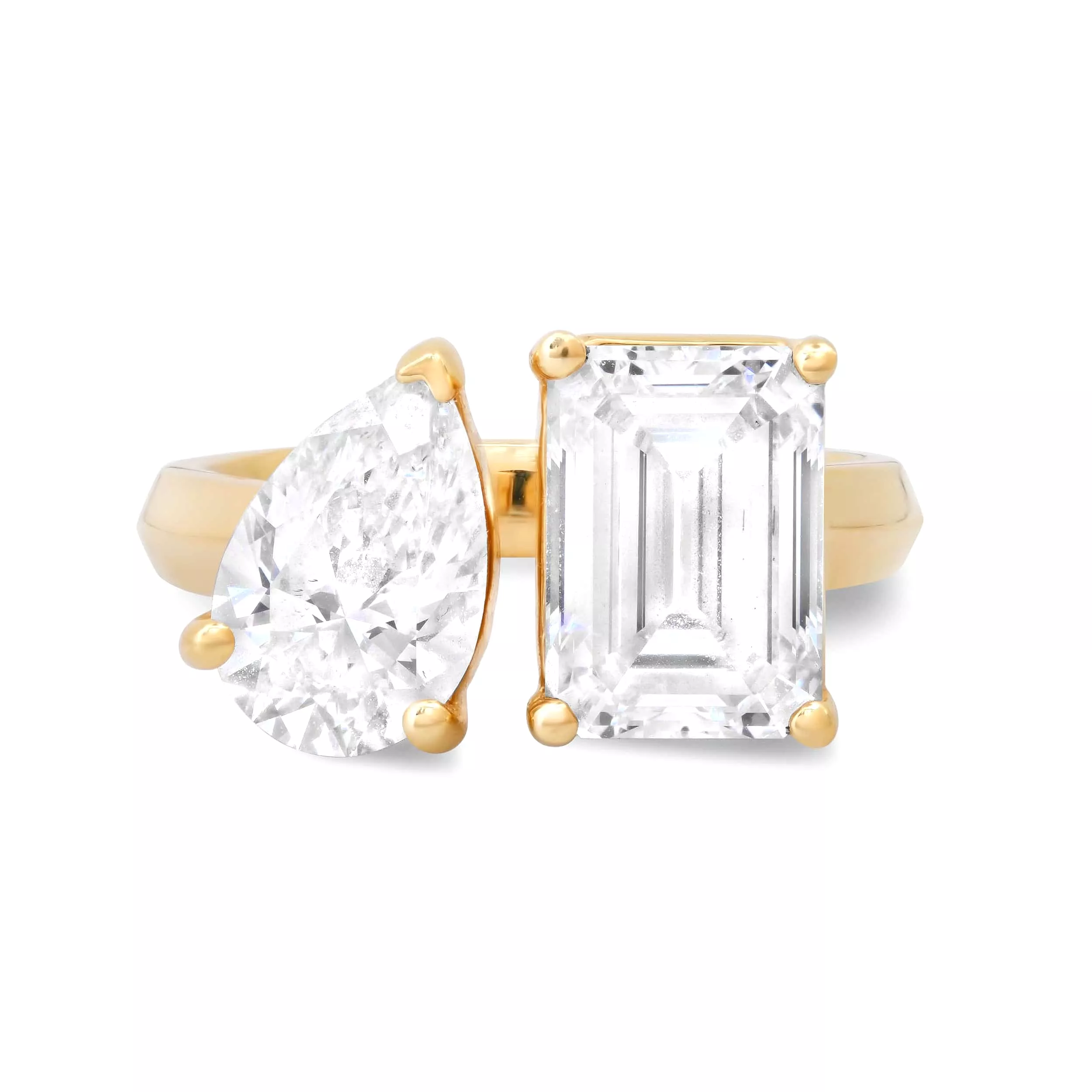 14K & 18K Gold Emerald Cut and Pear Cut Double Diamond Ring