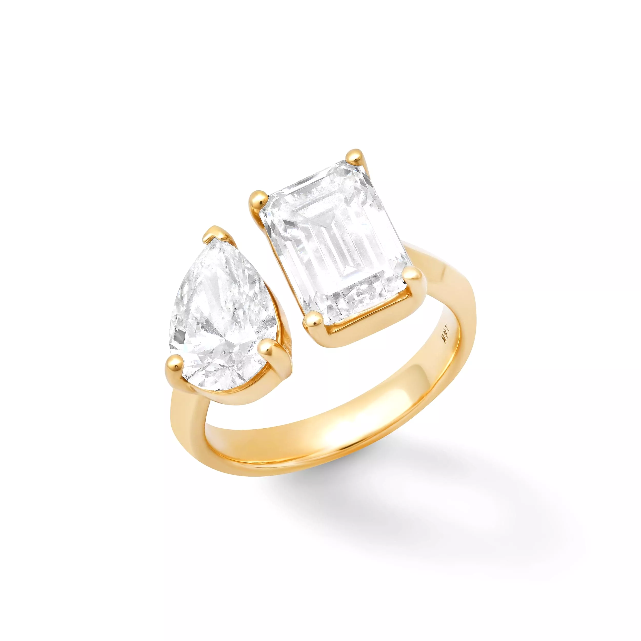 14K & 18K Gold Emerald Cut and Pear Cut Double Diamond Ring