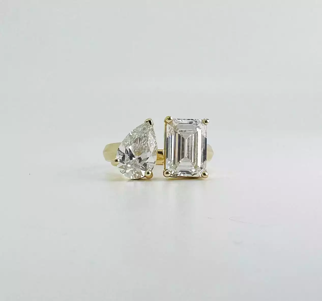 14K & 18K Gold Emerald Cut and Pear Cut Double Diamond Ring