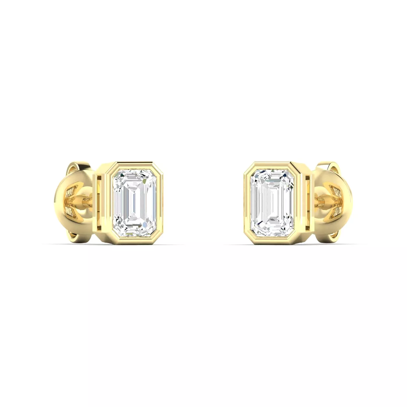 14K & 18K Gold Emerald Cut Bezel Set Diamond Stud Earrings