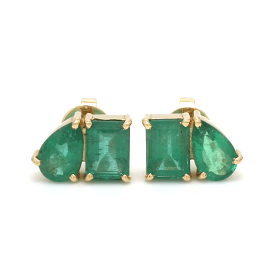 14K & 18K Gold Emerald, Emerald & Pear Shape Double Stone Stud Earrings