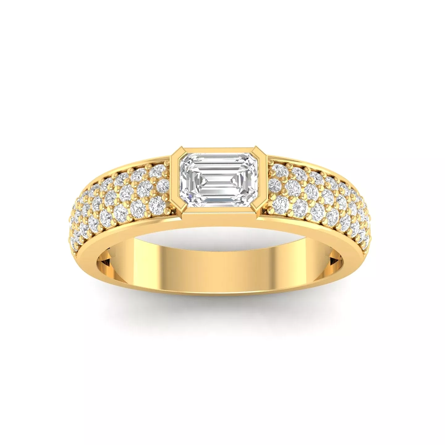 14K & 18K Gold Horizontal Emerald Cut Diamond with Micro-Pave Diamond Ring, Lab Grown