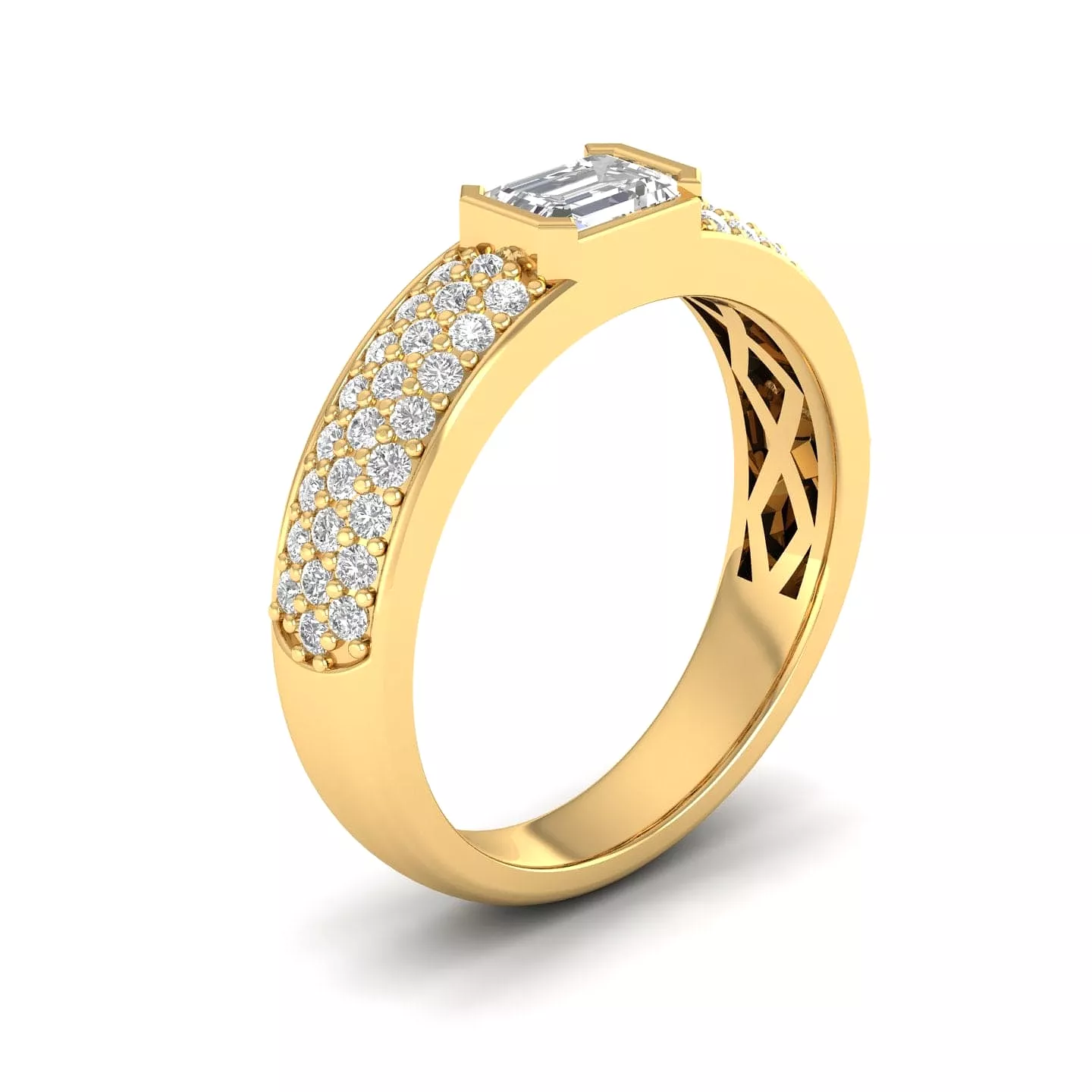 14K & 18K Gold Horizontal Emerald Cut Diamond with Micro-Pave Diamond Ring, Lab Grown