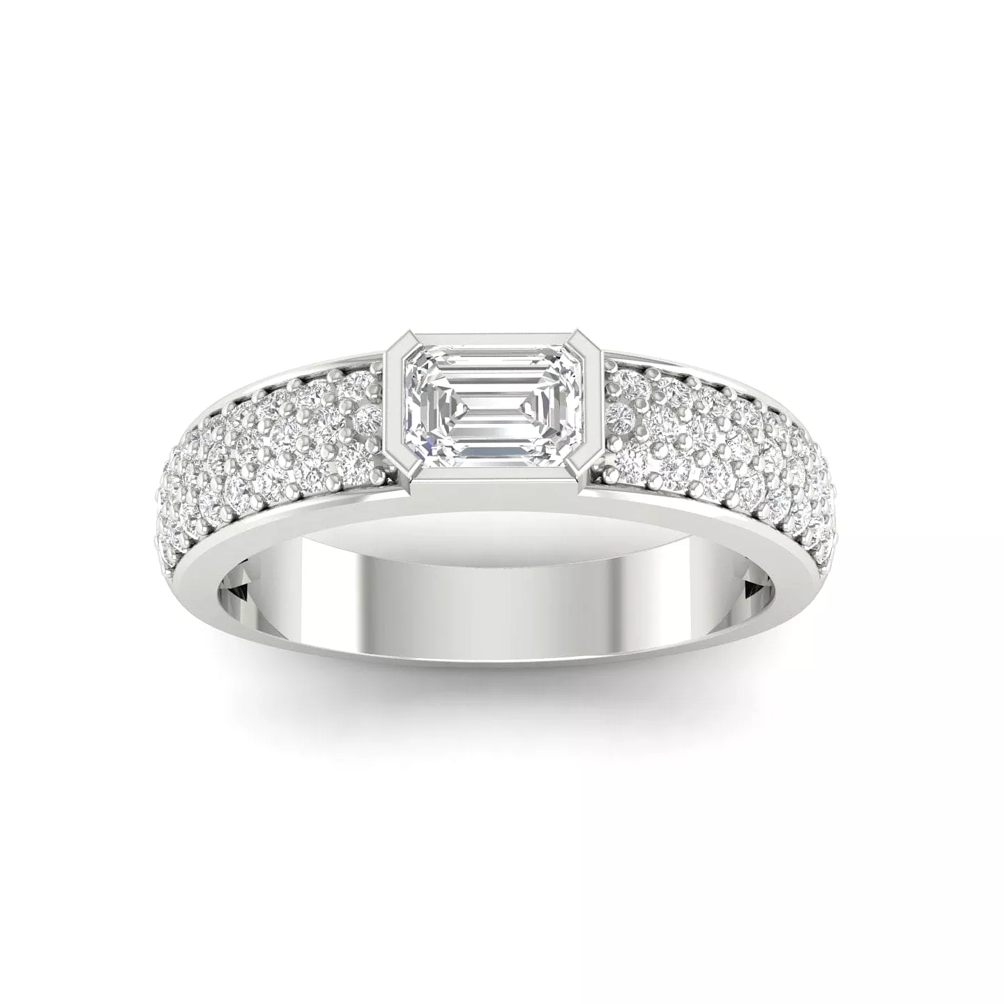 14K & 18K Gold Horizontal Emerald Cut Diamond with Micro-Pave Diamond Ring, Lab Grown