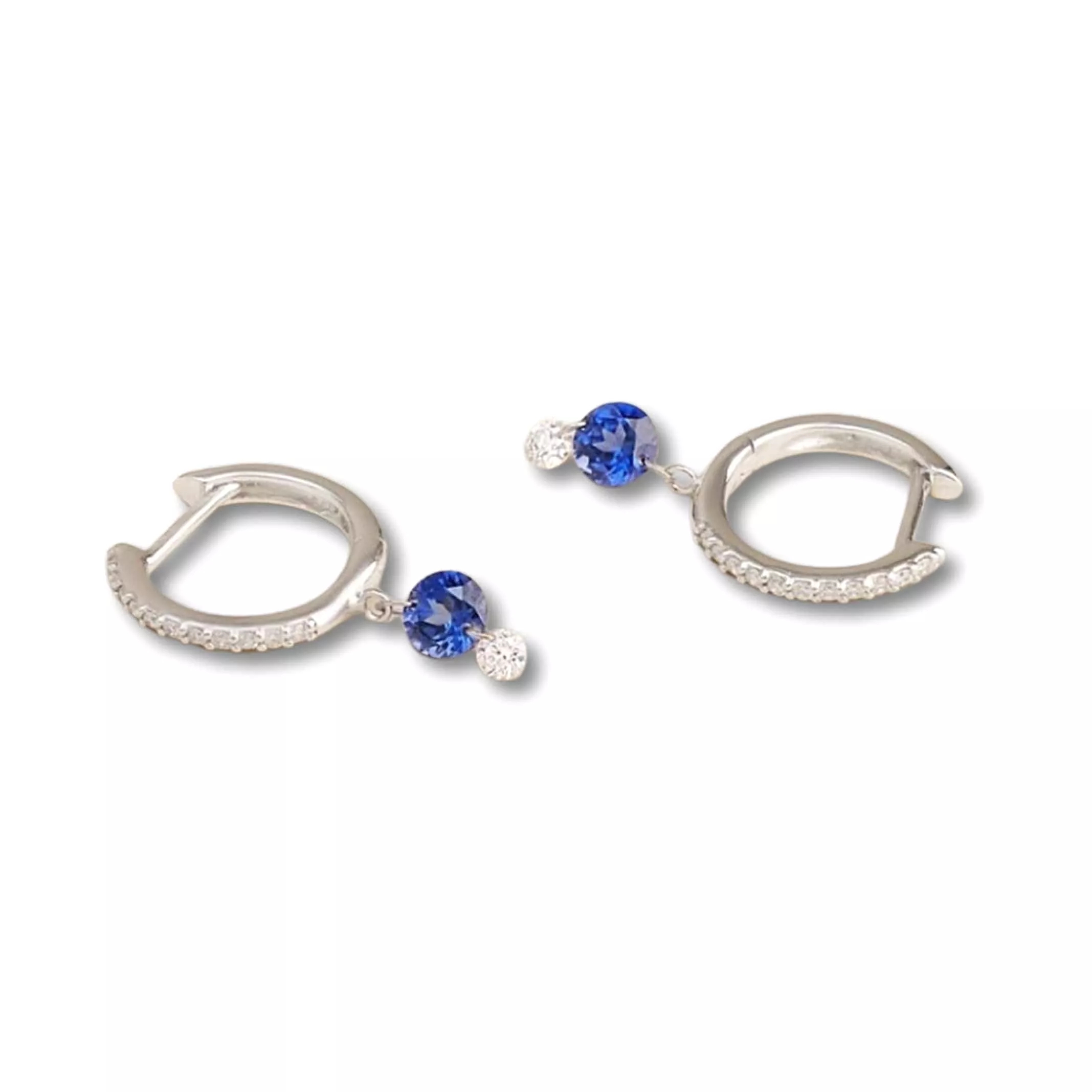 18K Gold Drilled Blue Sapphire and Pave Diamond Huggie Hoops Earrings