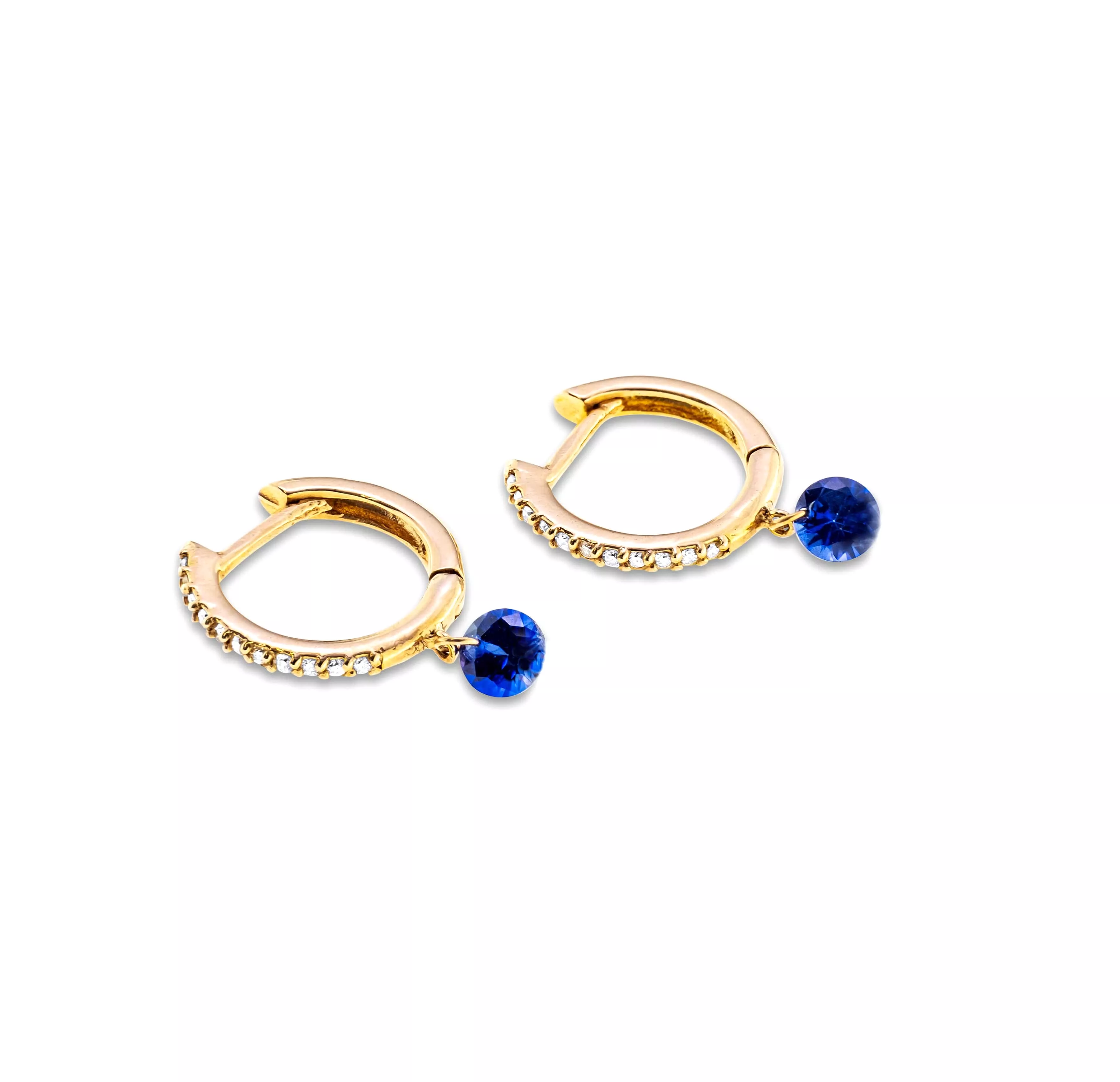 18K Gold Drilled Blue Sapphire Huggie Hoops Earrings