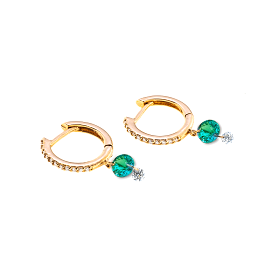 18K Gold Drilled Emerald and Pave Diamond Huggie Hoops Earrings