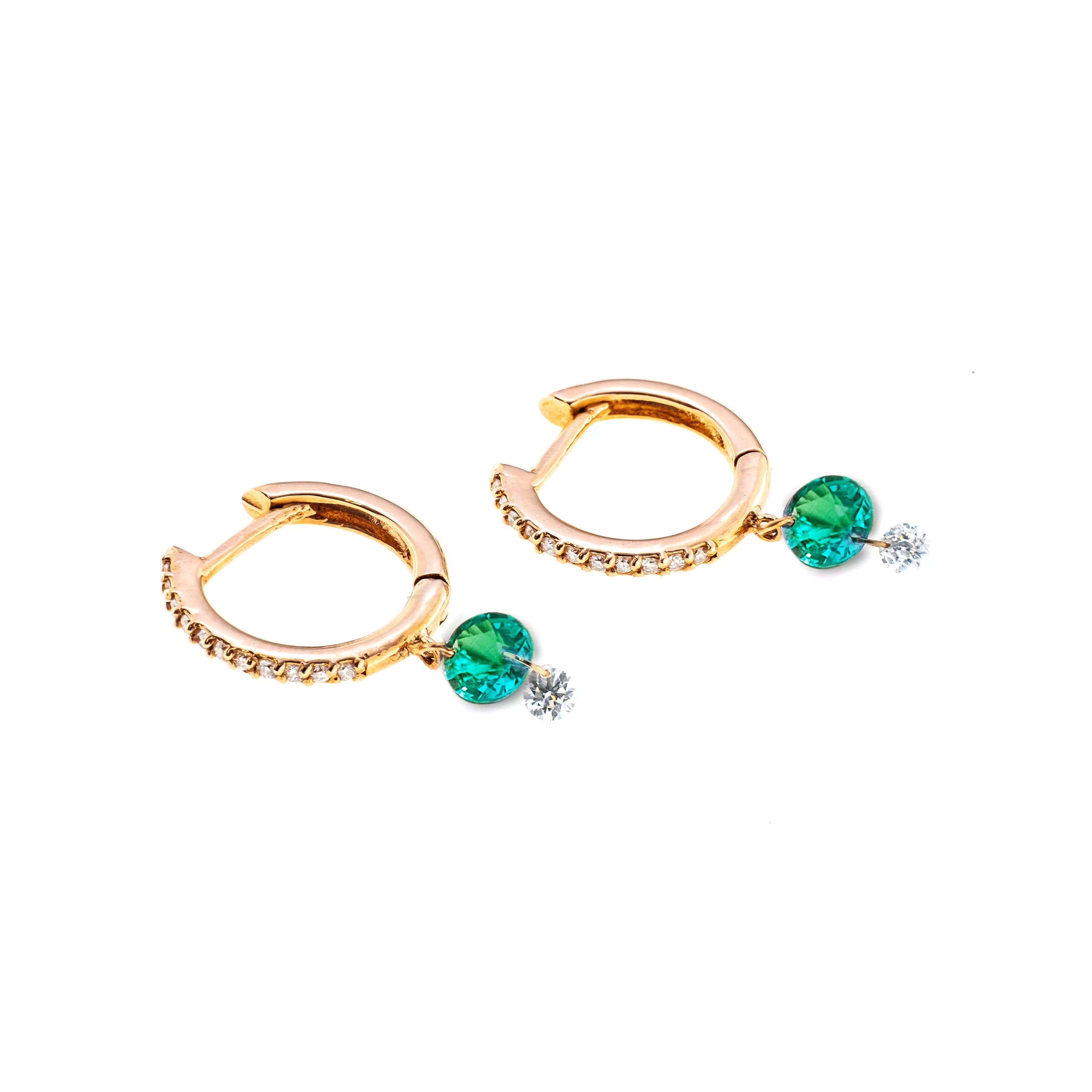 18K Gold Drilled Emerald and Pave Diamond Huggie Hoops Earrings