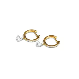 18K Gold Drilled Heart Diamond and Pave Diamond Huggie Hoops Earrings