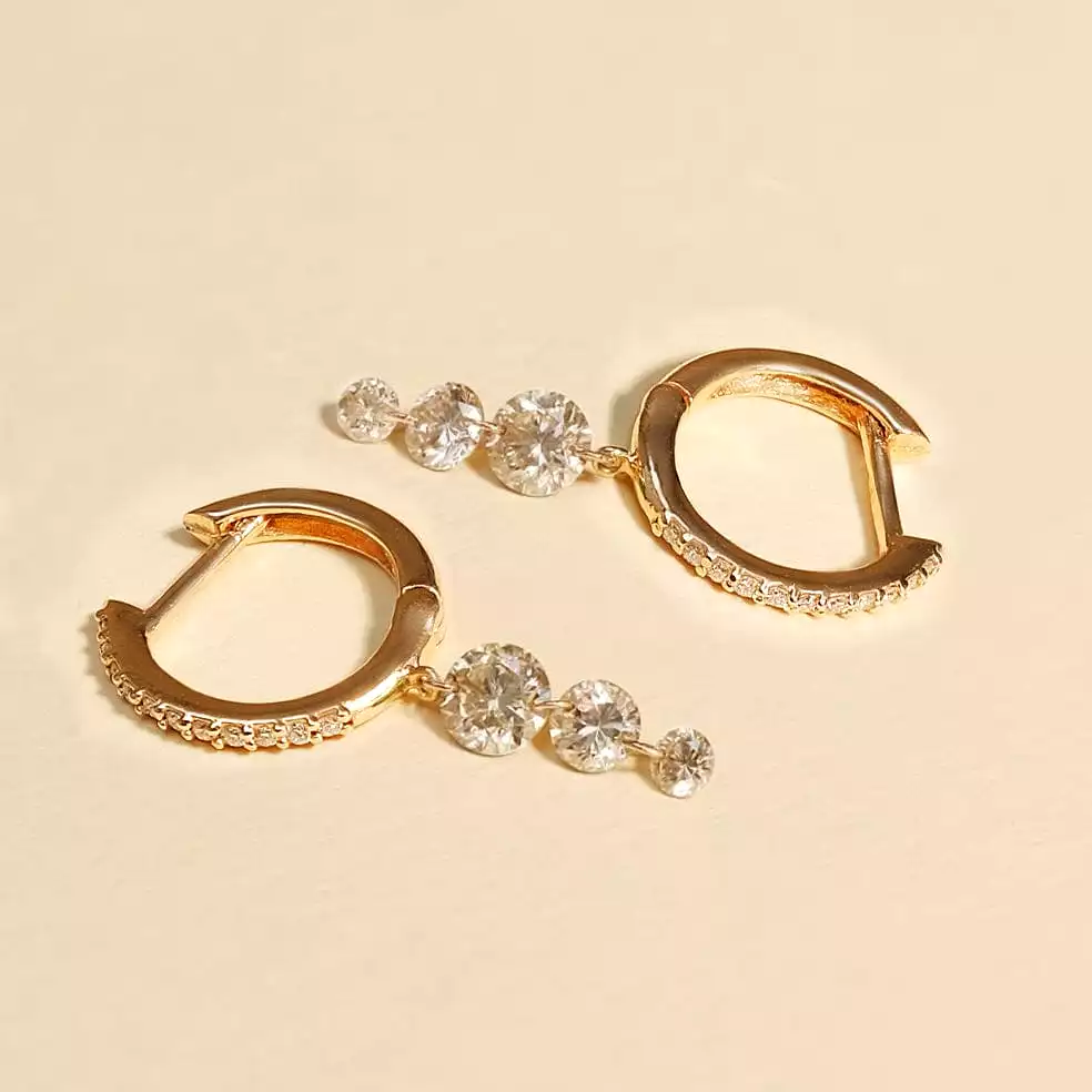 18K Gold Drilled Triple Diamond Huggie Hoops Earrings