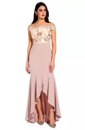 Adrianna Papell - AP1E205308 Embroidered Off-Shoulder Trumpet Dress