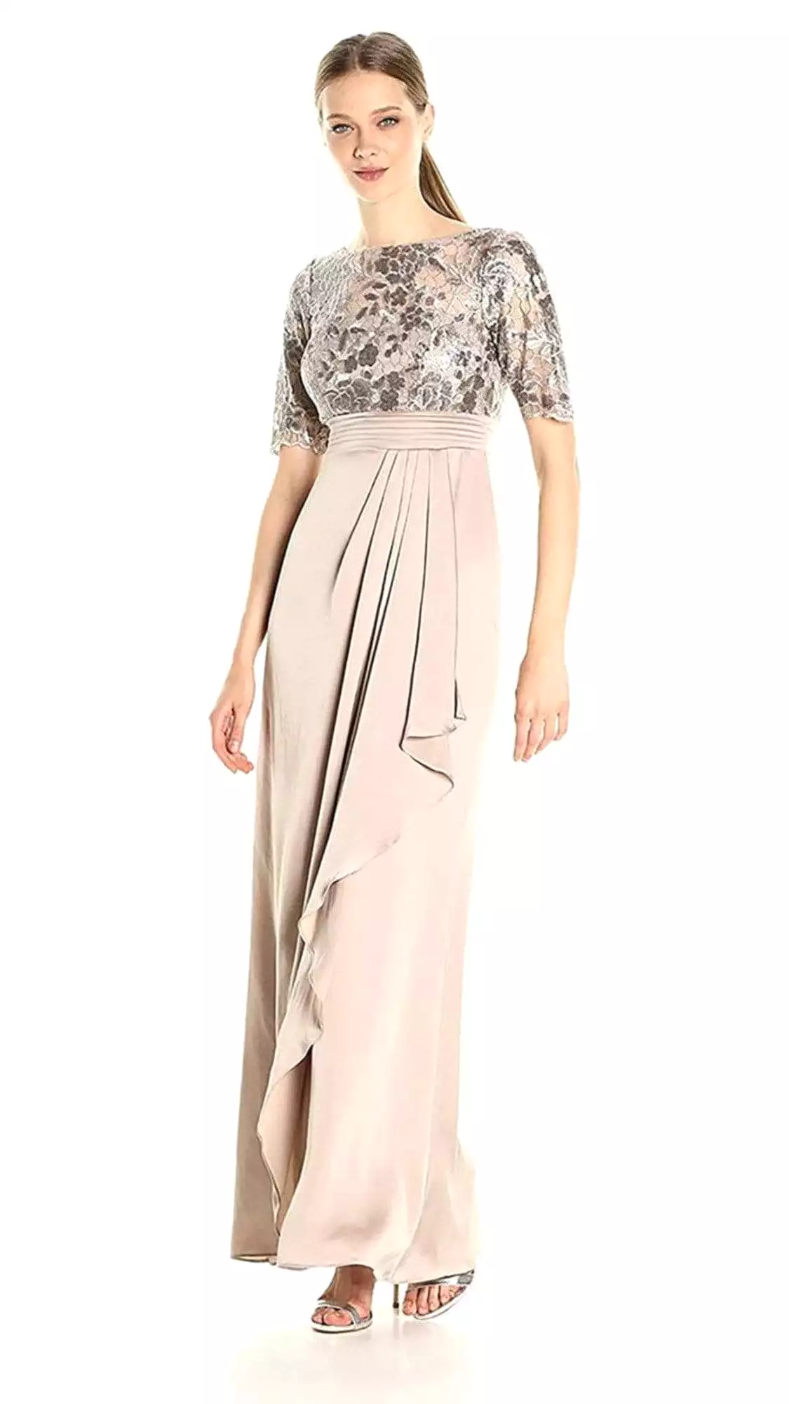 Adrianna Papell - Short Sleeves Draped Satin Dress AP1E201568 - 1 pc Light Mink in Size 6 Available