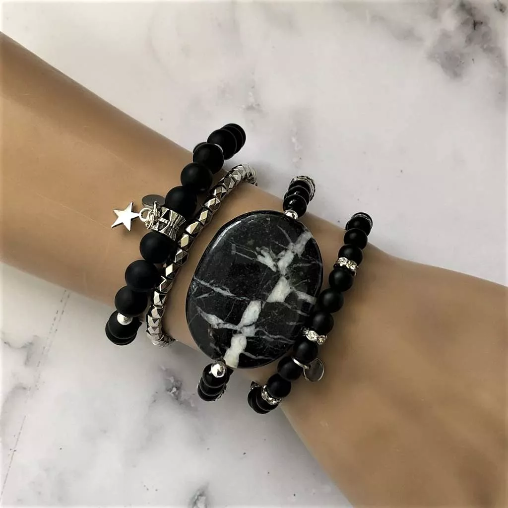 Black and Silver Marble Bracelet Stack Set