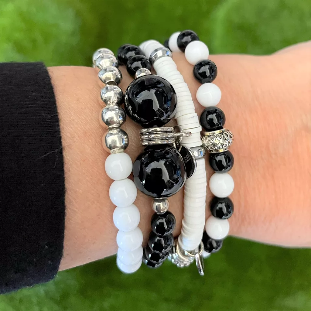 Black and White Silver Beaded Bracelet Stack