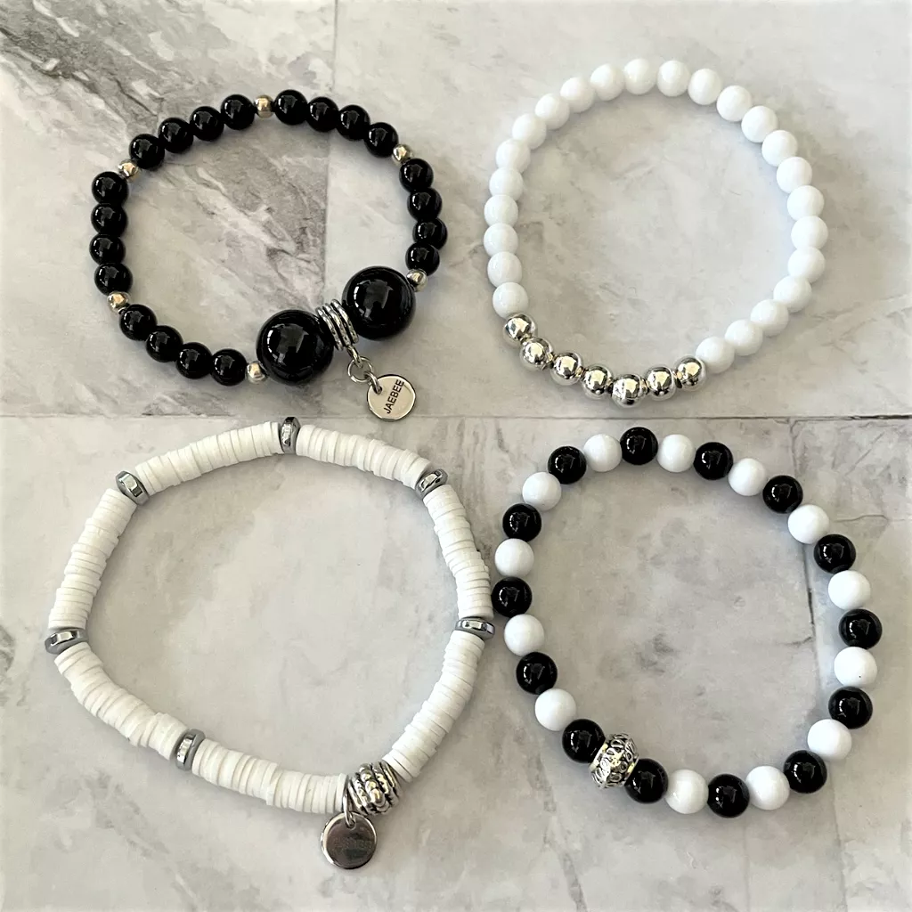 Black and White Silver Beaded Bracelet Stack