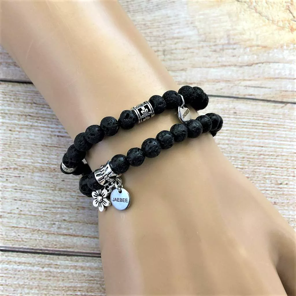 Black Lava and Silver Beaded Bracelet Set