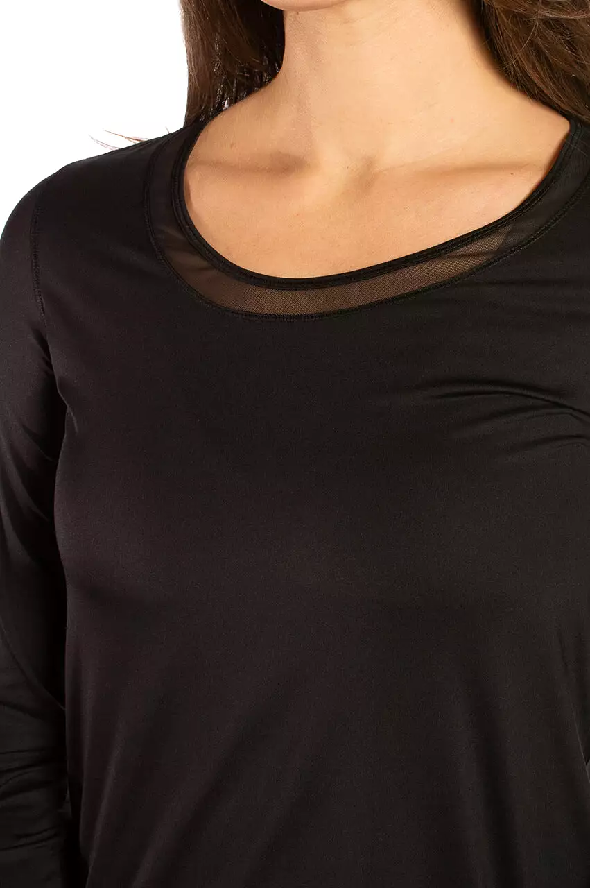 Black Long Sleeve Mesh Trim Top