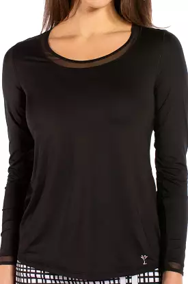 Black Long Sleeve Mesh Trim Top