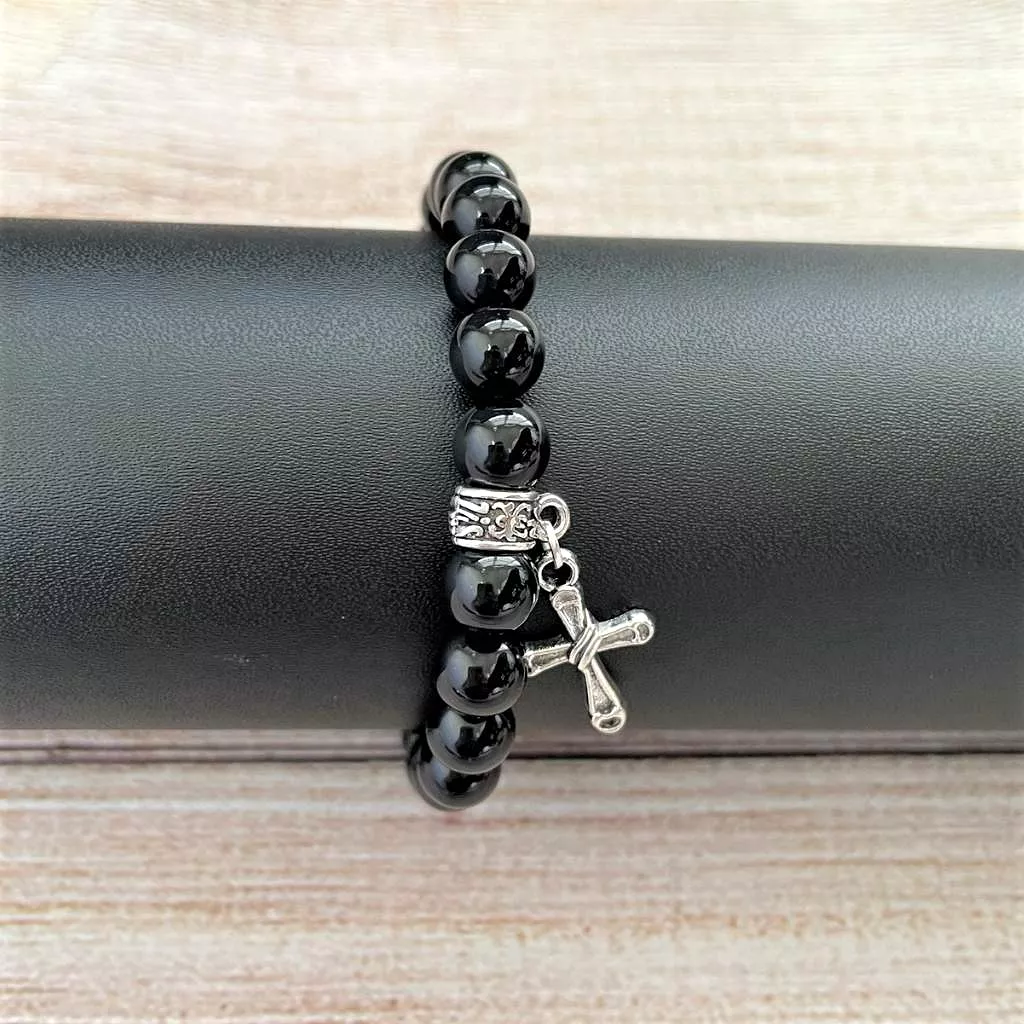 Black Onyx Mens Beaded Bracelet with Silver Cross