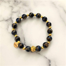 Blue Cobalt Opal and Bronzite Marbled Quartz Gold Beaded Bracelet