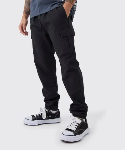 boohooMAN Mens Slim Fit Elasticated Waist Woven Tab Cuffed Cargo Pants