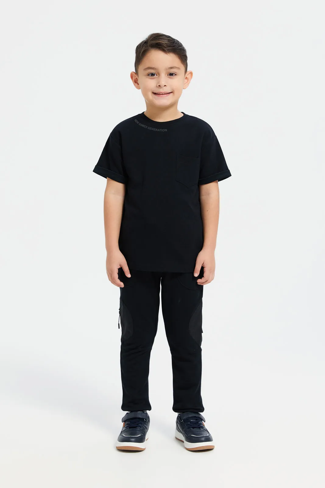 Boys Black Track Pants With Zipper Side Pocket