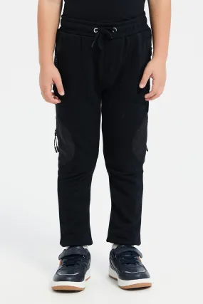 Boys Black Track Pants With Zipper Side Pocket