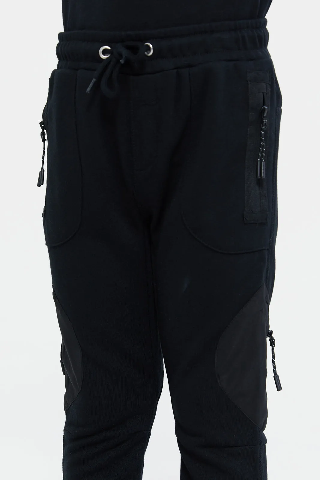 Boys Black Track Pants With Zipper Side Pocket