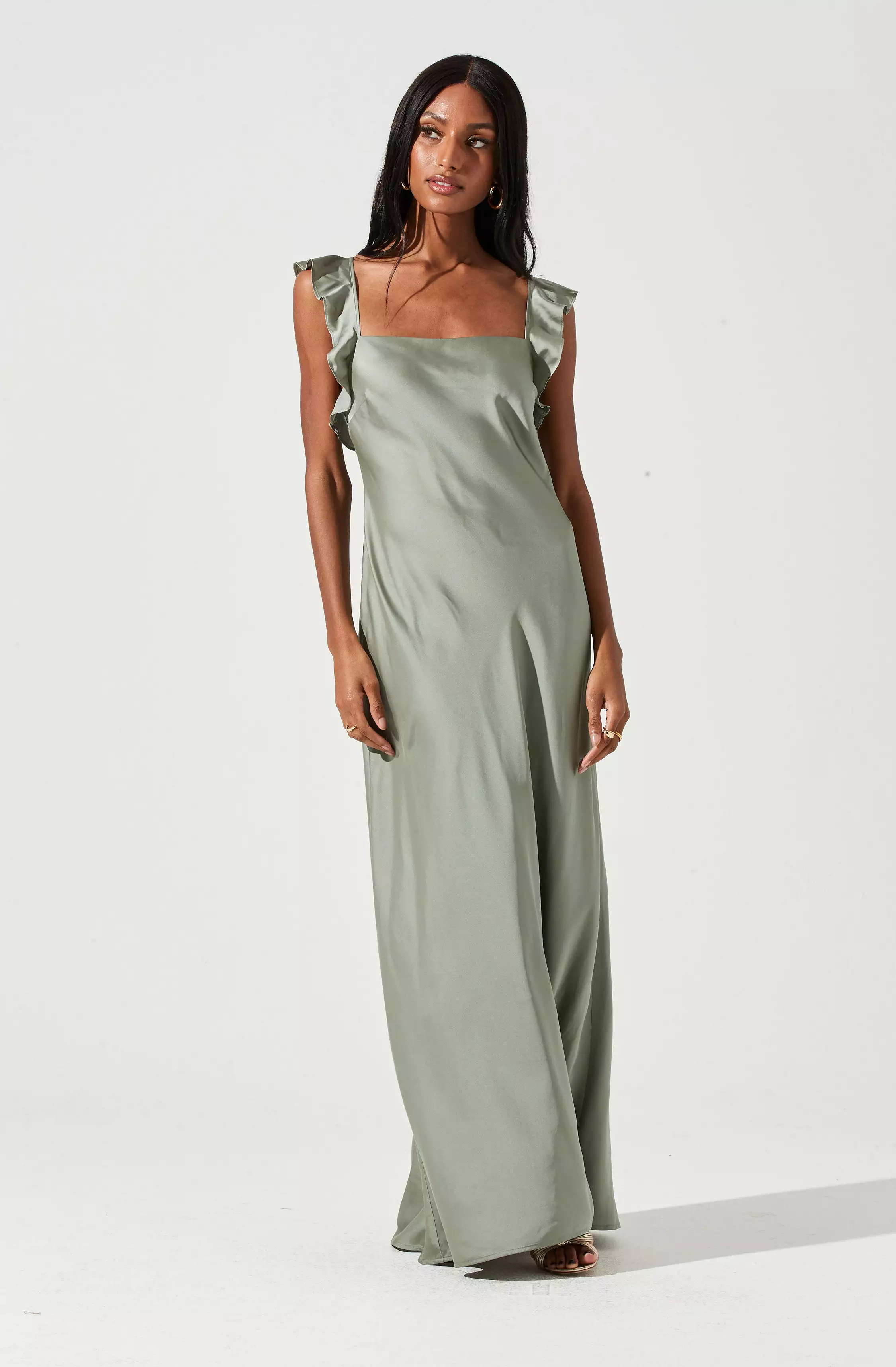 Bryna Ruffle Strap Satin Maxi Dress