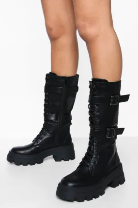 Double Buckle Calf High Boots