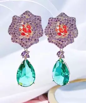 Floral Diamond Drop Earrings In Purple