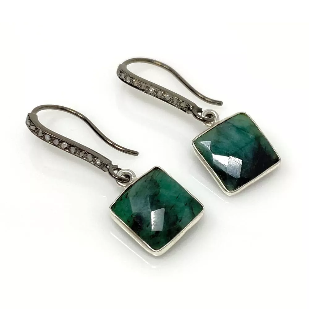 Genuine Emerald Earrings, Pave Diamond Earrings, Sterling Silver