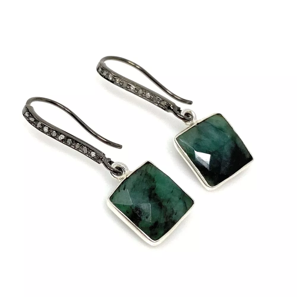 Genuine Emerald Earrings, Pave Diamond Earrings, Sterling Silver