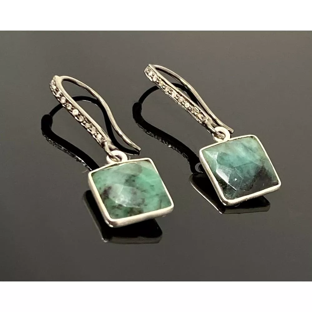 Genuine Emerald Earrings, Pave Diamond Earrings, Sterling Silver