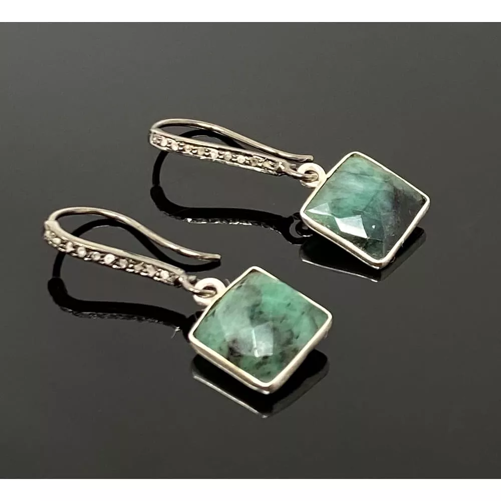 Genuine Emerald Earrings, Pave Diamond Earrings, Sterling Silver