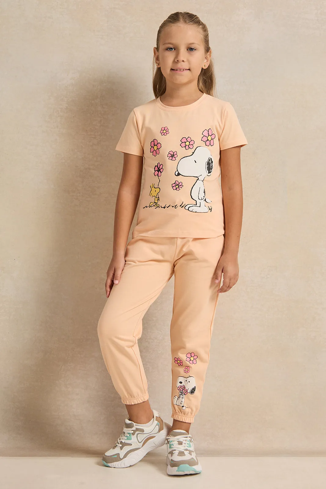 Girls Orange Snoopy Printed Active Track Pants