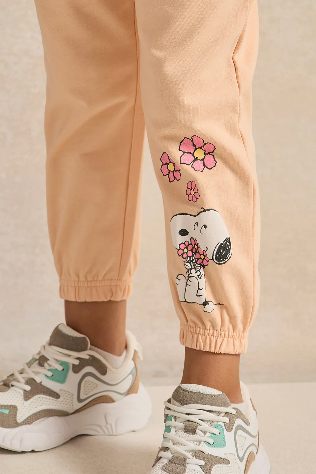 Girls Orange Snoopy Printed Active Track Pants