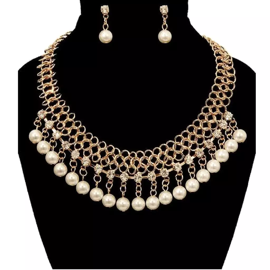 Gold Chain Pearl and Rhinestone Statement Necklace