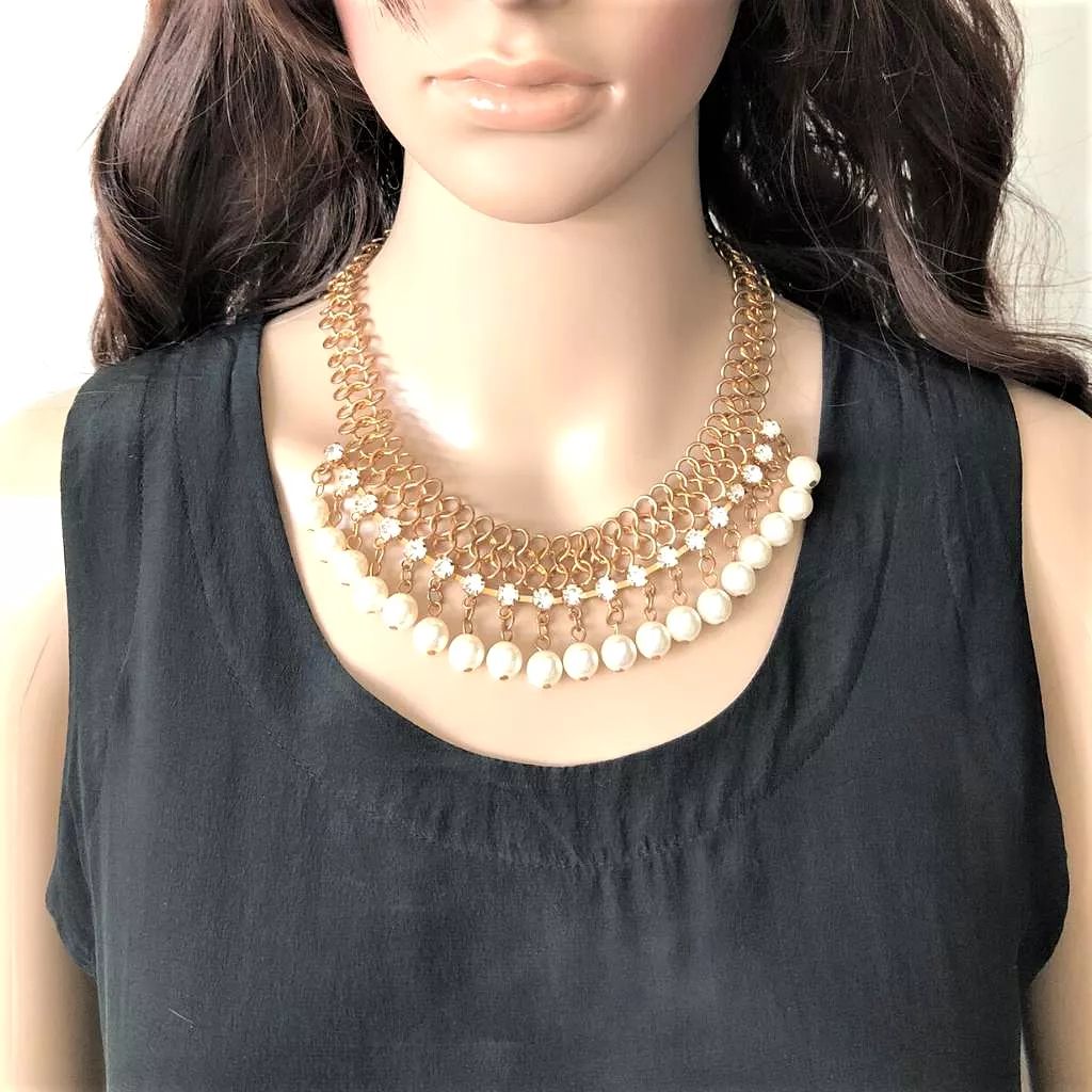 Gold Chain Pearl and Rhinestone Statement Necklace