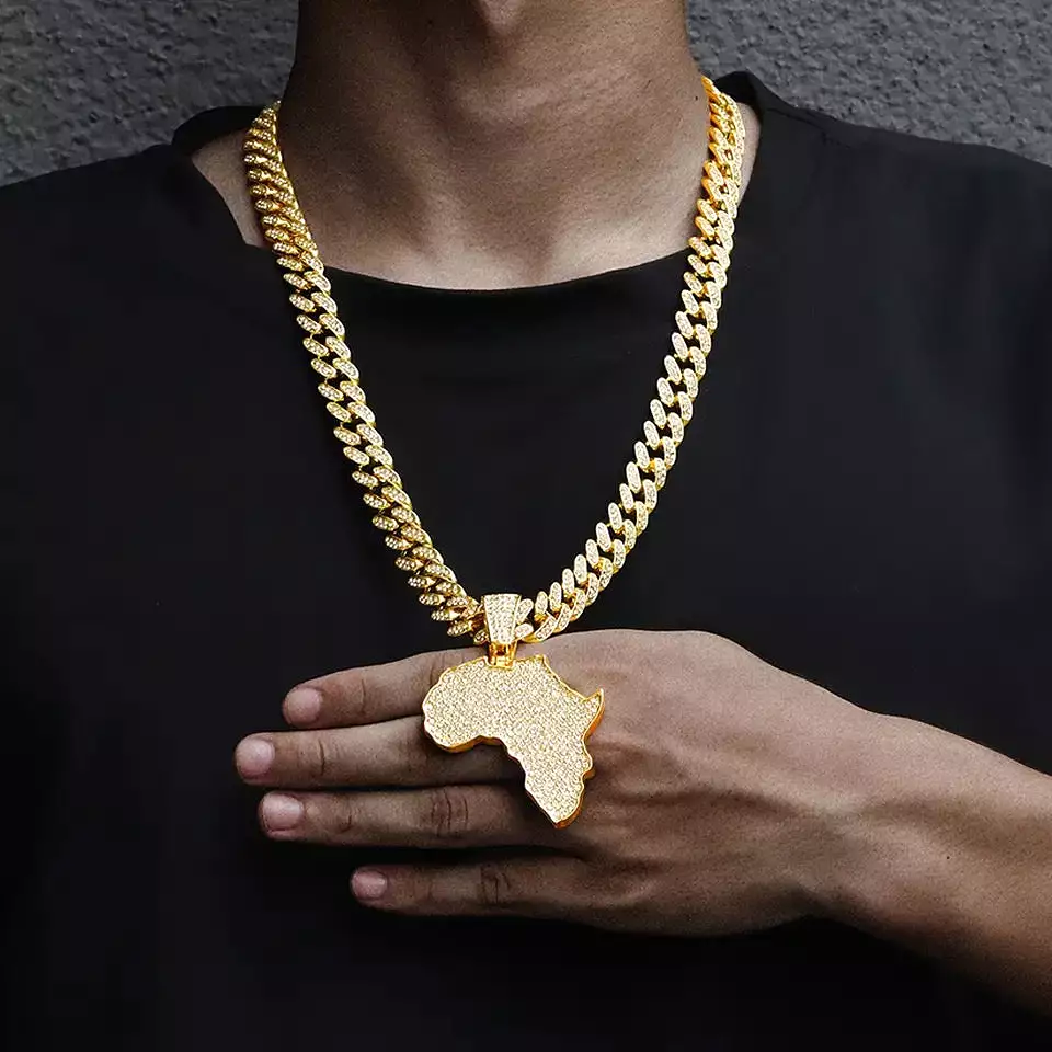 Hip hop big cuban chain with alloy and full CZ rhinestone map pendant necklace S4803177