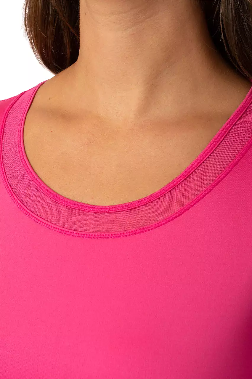 Hot Pink Long Sleeve Mesh Trim Top