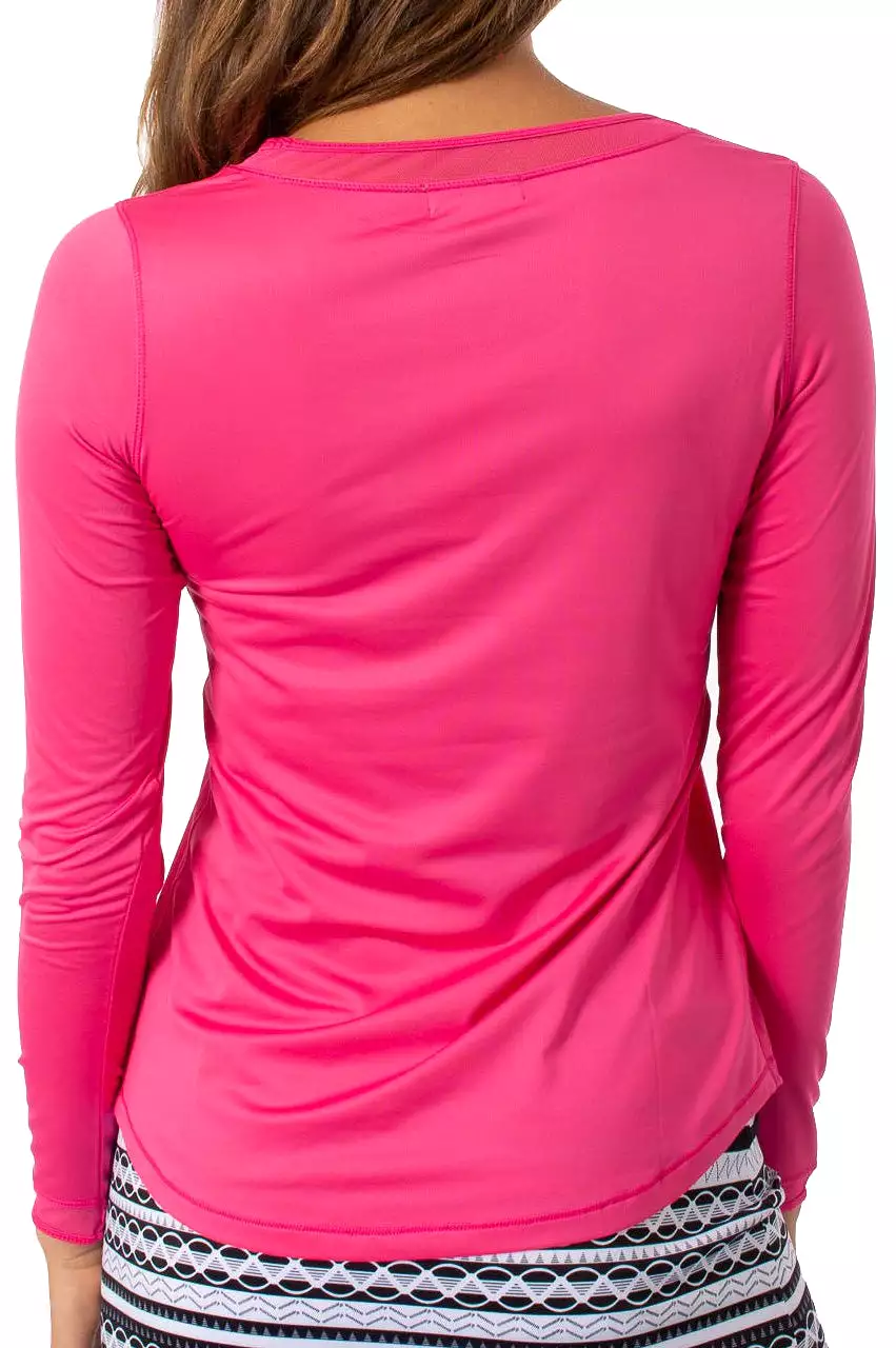 Hot Pink Long Sleeve Mesh Trim Top