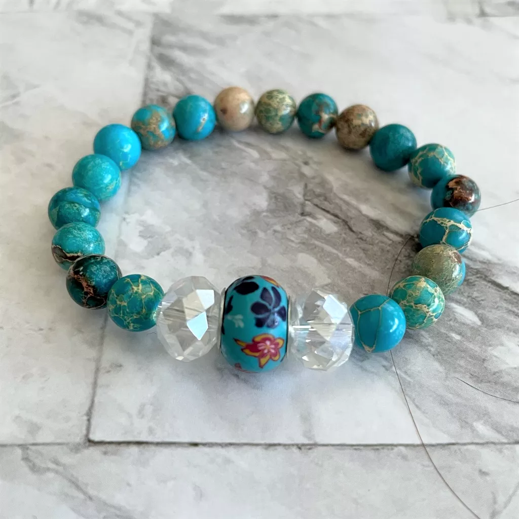 Lake Blue Jasper and Flower Beaded Bracelet