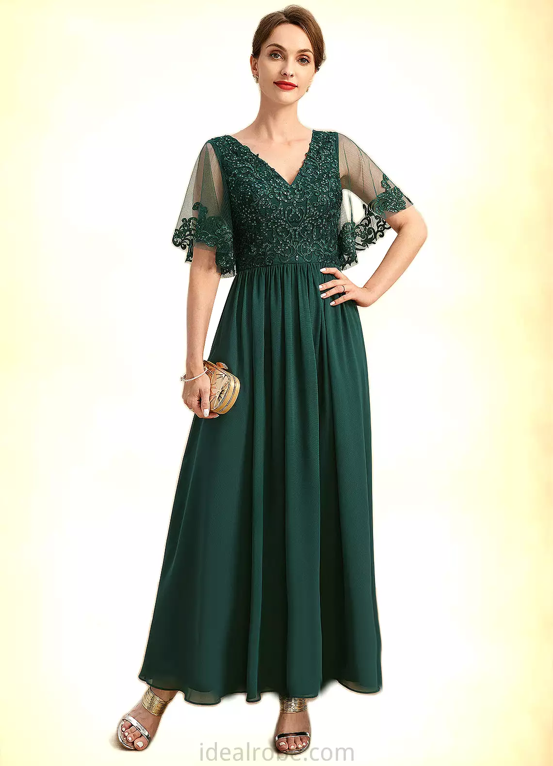 Martha A-line V-Neck Ankle-Length Chiffon Lace Mother of the Bride Dress With Sequins STKP0021914