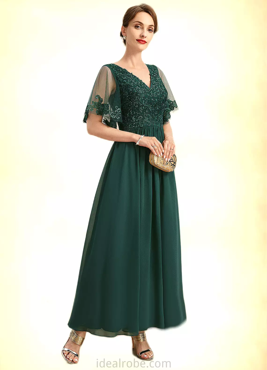 Martha A-line V-Neck Ankle-Length Chiffon Lace Mother of the Bride Dress With Sequins STKP0021914